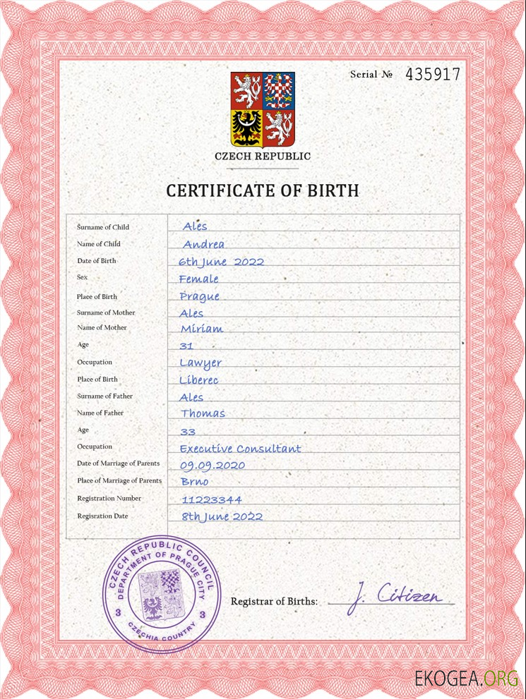 Modèle PSD de certificat de naissance de l'état civil de la Tchéquie